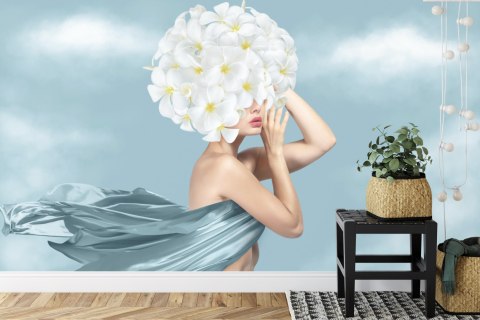 Fototapeta Portrait Of Young Beautiful Woman With Blue Silk