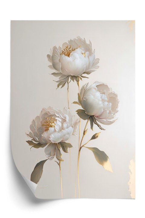 Plakat Białe Piwonie Na Jasnym Tle I Złote Elementy