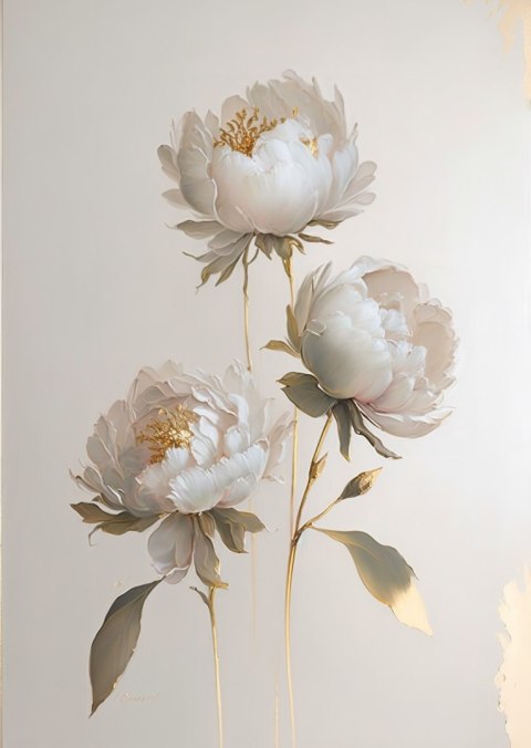 Plakat Białe Piwonie Na Jasnym Tle I Złote Elementy