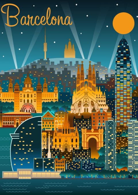 Plakat Barcelona Nocą Z Oświetlonymi Budynkami