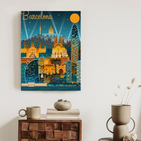 Plakat Barcelona Nocą Z Oświetlonymi Budynkami