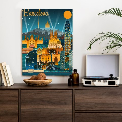 Plakat Barcelona Nocą Z Oświetlonymi Budynkami