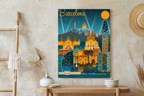 Plakat Barcelona Nocą Z Oświetlonymi Budynkami