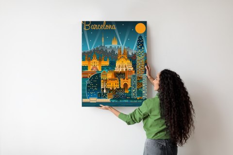 Plakat Barcelona Nocą Z Oświetlonymi Budynkami