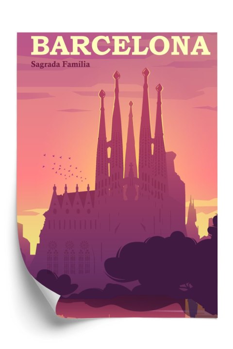 Plakat Barcelona Sagrada Familia Różowa Ilustracja O Zachodzie Słońca