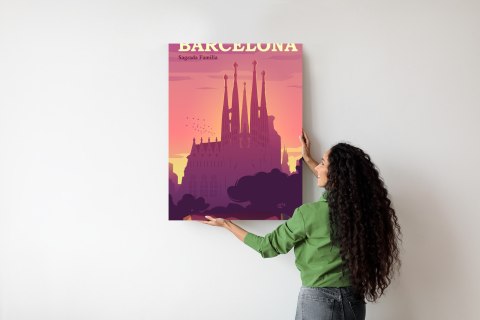 Plakat Barcelona Sagrada Familia Różowa Ilustracja O Zachodzie Słońca