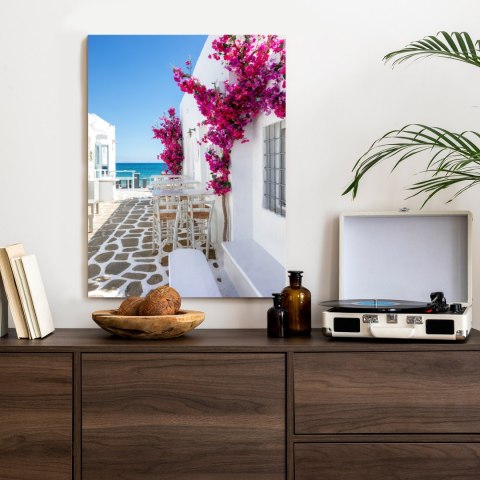 Plakat Grecka Architektura Z Różowymi Kwiatami I Widokiem Na Morze