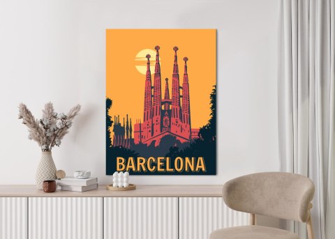 Plakat Kościół W Barcelonie O Zachodzie Słońca W Stylu Vintage