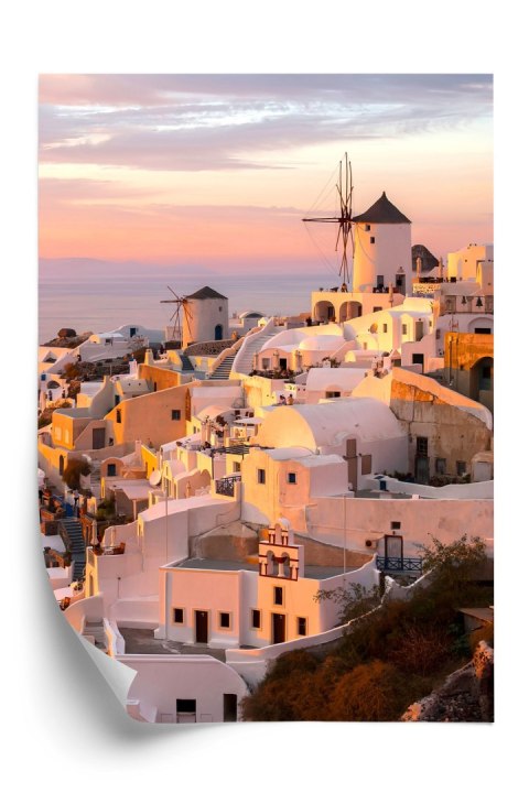 Plakat Malowniczke Miasteczko Oia O Zachodzie Słońca