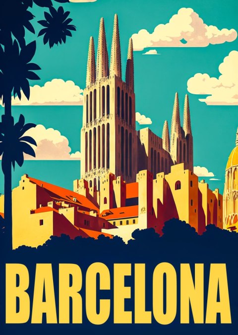 Plakat Napis Barcelona Z Sagrada Familia W Tle