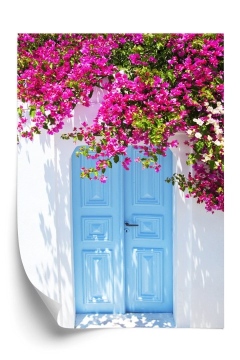 Plakat Niebieskie Drzwi I Różowe Kwiaty Tradycyjna Grecka Architektura