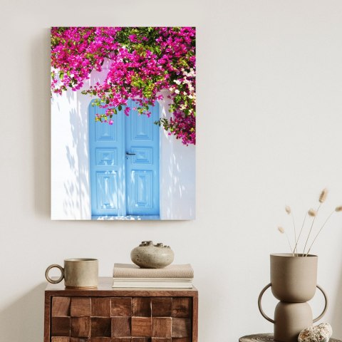 Plakat Niebieskie Drzwi I Różowe Kwiaty Tradycyjna Grecka Architektura