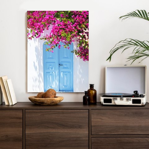 Plakat Niebieskie Drzwi I Różowe Kwiaty Tradycyjna Grecka Architektura