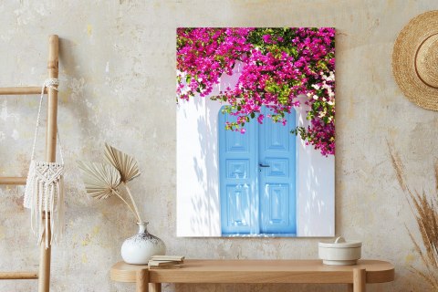 Plakat Niebieskie Drzwi I Różowe Kwiaty Tradycyjna Grecka Architektura