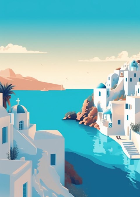 Plakat Piękne Santorini Z Błękitnym Morzem Ilustracja