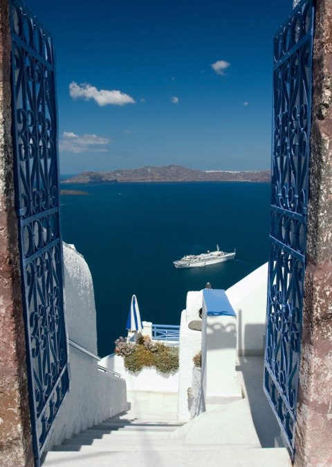 Plakat Santorini Niebieska Brama Z Widokiem Na Morze