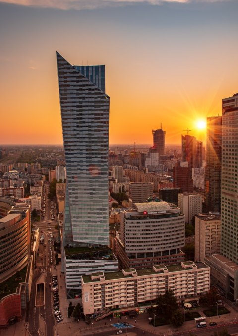 Plakat Wieżowce W Warszawie O Zachodzie Słońca