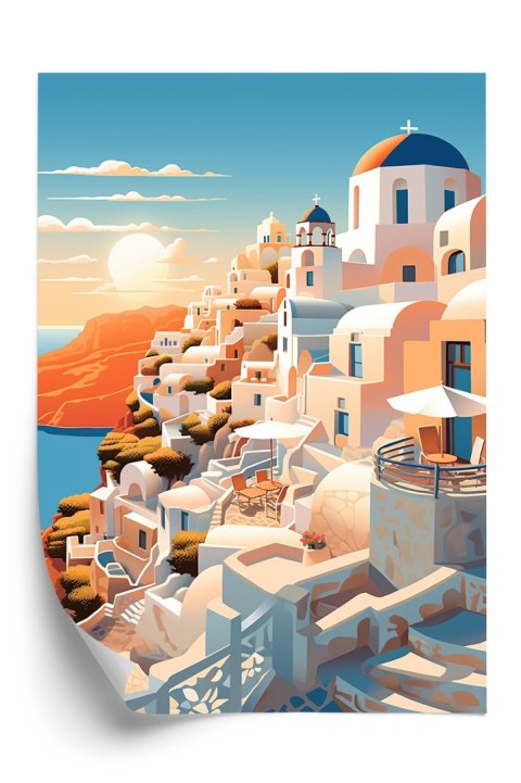 Plakat Zachód Słońca Nad Malowniczym Santorini