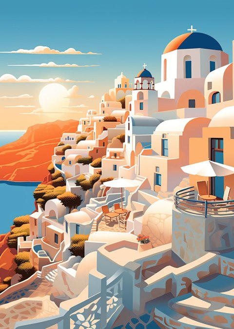 Plakat Zachód Słońca Nad Malowniczym Santorini