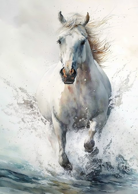 Plakat Biały Koń Galopujący W Wodzie