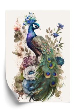 Plakat Elegancka Grafika Z Kwiatami I Pawiem