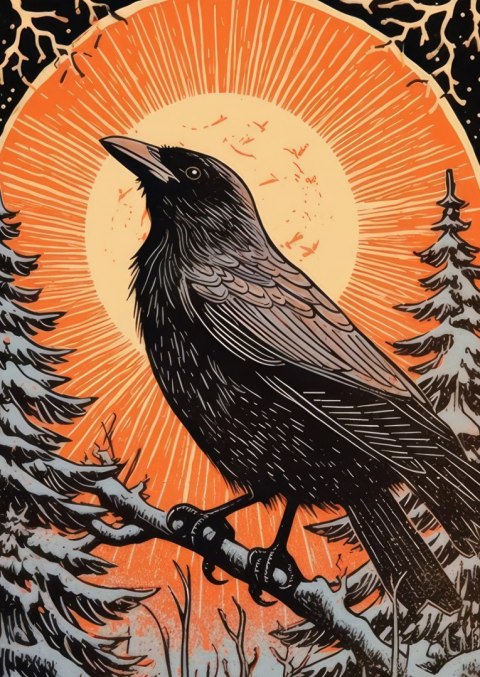 Plakat Grafika Z Krukiem W Zimie