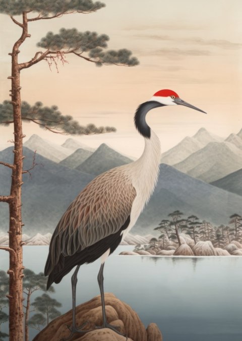 Plakat Ilustracja Z Żurawiem I Sosną