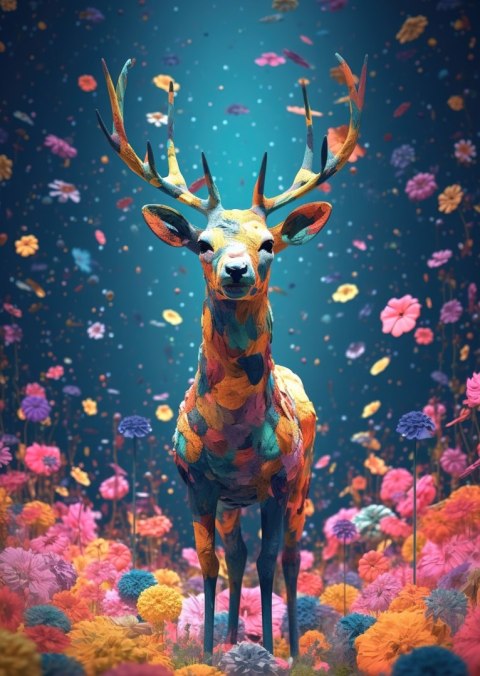 Plakat Łania Jeleń Na Środku Łąki Pełnej Kwiatów