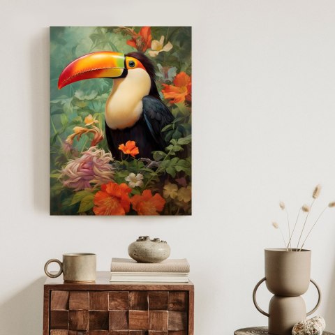 Plakat Ptak Tukan Pośród Bujnego Gobelinu Kolorowych Kwiatów