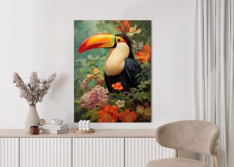 Plakat Ptak Tukan Pośród Bujnego Gobelinu Kolorowych Kwiatów