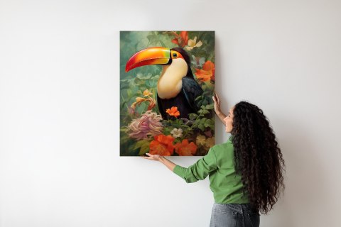 Plakat Ptak Tukan Pośród Bujnego Gobelinu Kolorowych Kwiatów
