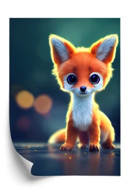 Plakat Tiny Cute Adorable Fox In An Autumn Oak Forest, Intricate Details. Cartoon Big Eyed Close Up Portrait. Soft Cinematic Lig