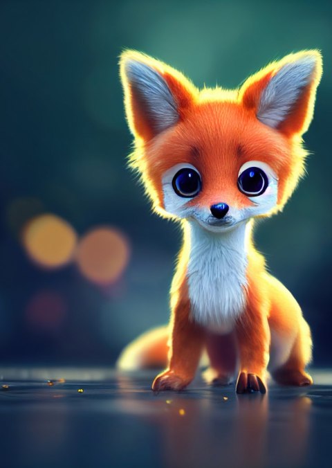 Plakat Tiny Cute Adorable Fox In An Autumn Oak Forest, Intricate Details. Cartoon Big Eyed Close Up Portrait. Soft Cinematic Lig