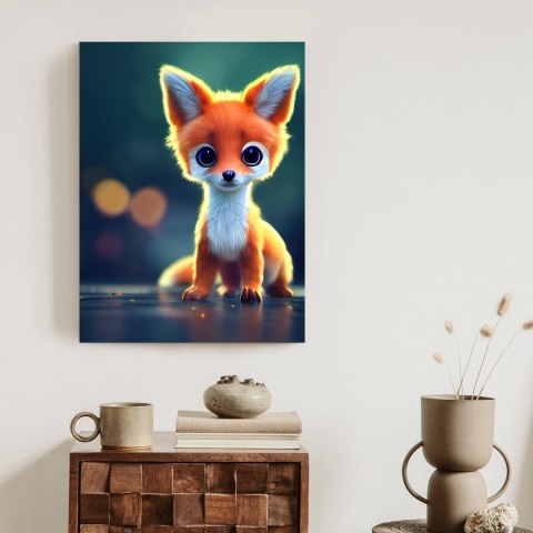 Plakat Tiny Cute Adorable Fox In An Autumn Oak Forest, Intricate Details. Cartoon Big Eyed Close Up Portrait. Soft Cinematic Lig
