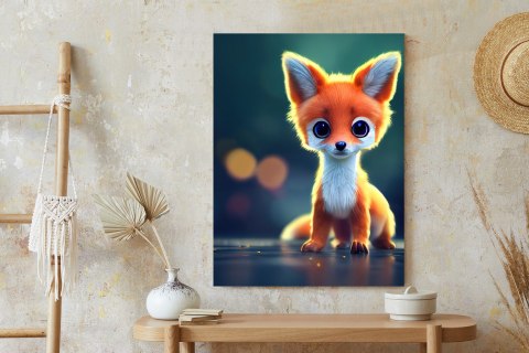 Plakat Tiny Cute Adorable Fox In An Autumn Oak Forest, Intricate Details. Cartoon Big Eyed Close Up Portrait. Soft Cinematic Lig