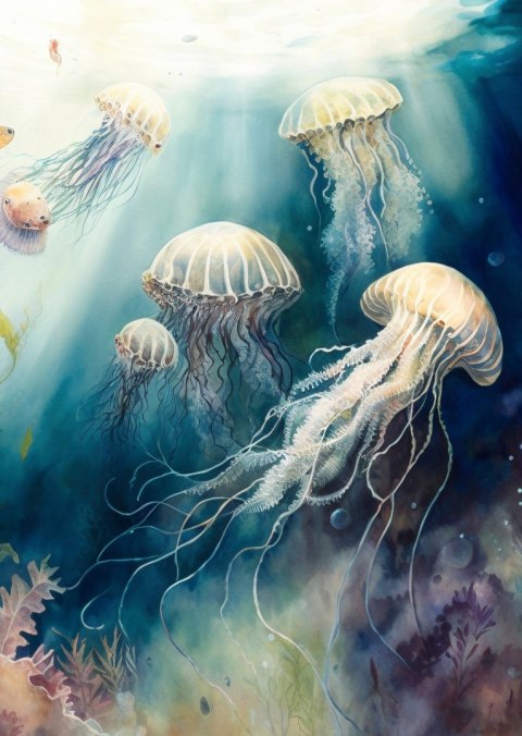 Plakat Akwarelowe Meduzy W Głębi Oceanu