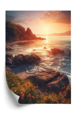 Plakat Krajobraz Morski Z Dziką Plażą Podczas Zachodu Słońca