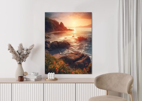 Plakat Krajobraz Morski Z Dziką Plażą Podczas Zachodu Słońca