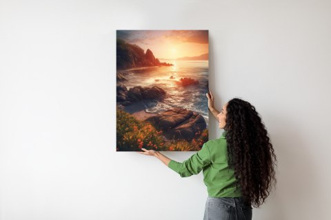 Plakat Krajobraz Morski Z Dziką Plażą Podczas Zachodu Słońca