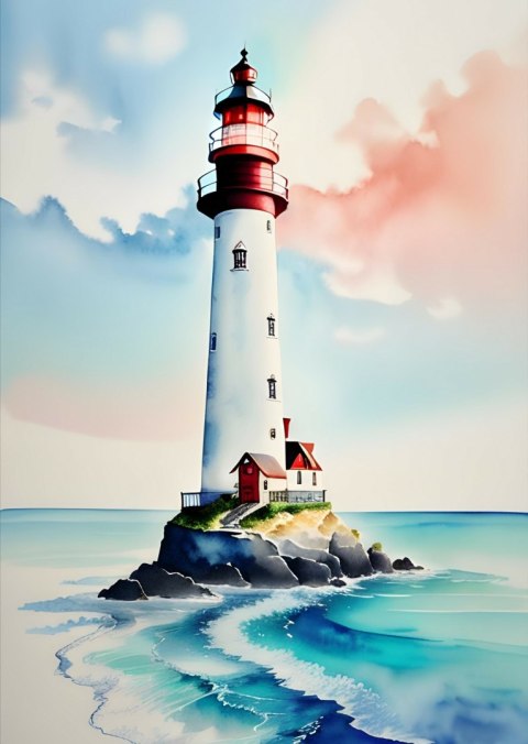 Plakat Latarnia I Akwarelowy Morski Krajobraz