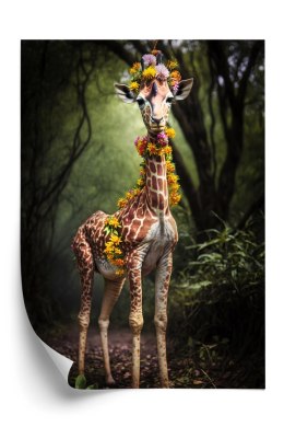 Plakat Młoda Żyrafa Z Nakryciem Z Kolorowych Kwiatów Dżungli