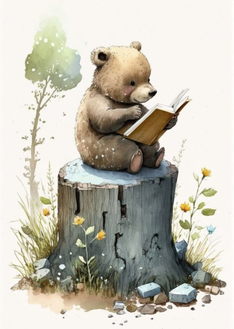 Plakat Niedźwiadek Czytający Bajki Na Pniu Drzewa