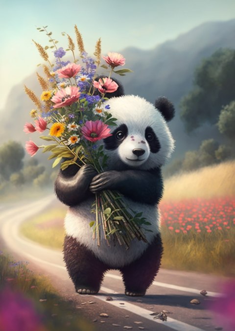 Plakat Panda Trzymająca Kwiaty
