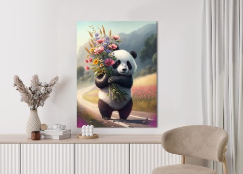 Plakat Panda Trzymająca Kwiaty