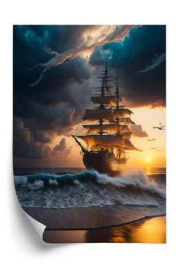 Plakat Statek Na Morzu O Zachodzie Słońca