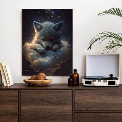 Plakat Uroczy Wilczek Zwierzę Śpiące Na Puszystych Chmurach