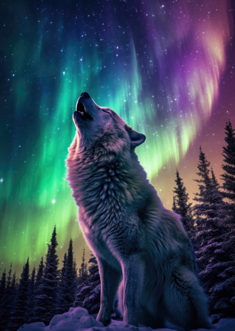 Plakat Wilk Wyjący I Zorza Polarna