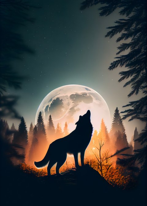 Plakat Wilk Wyjący Na Skale Przy Księżycu
