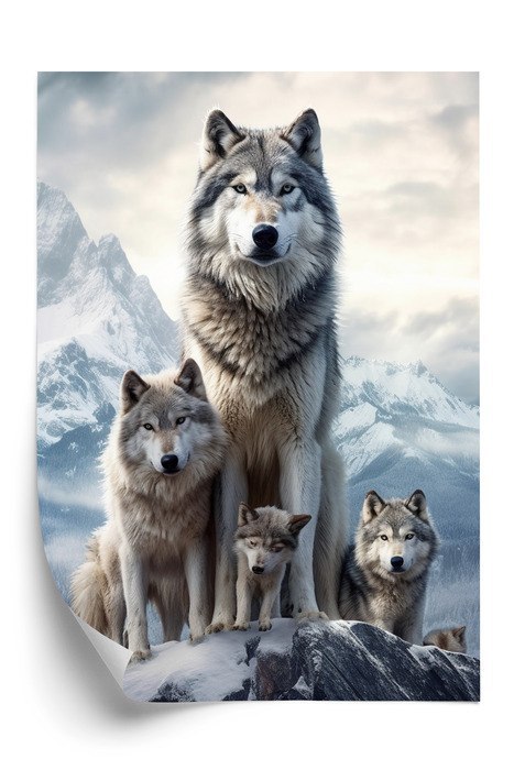 Plakat Wilki Na Ośnieżonej Skale