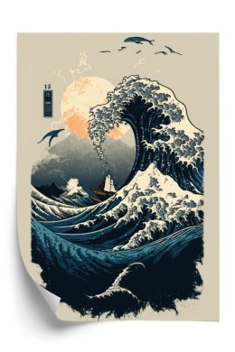 Plakat Abstrakcyjny Krajobraz Z Falą W Stylu Japońskim